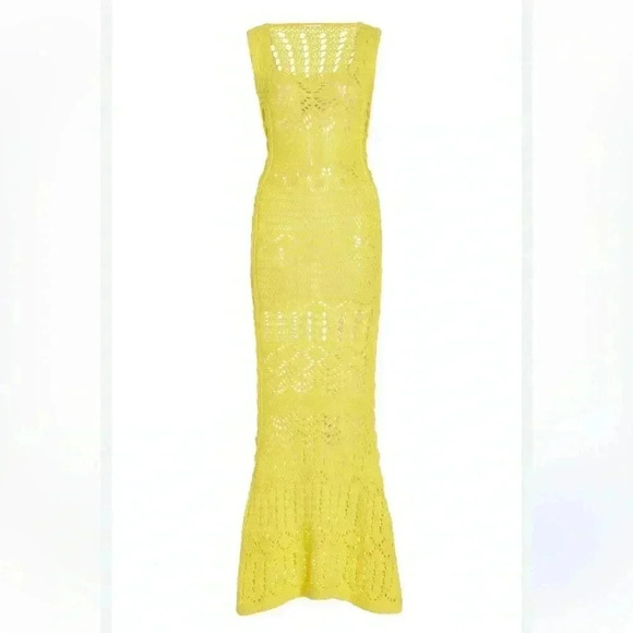 ALEXIS Crochet Maxi Dress Yellow L Sleeveless Cutout Coverup Bodycon Knit $825 - Picture 9 of 10